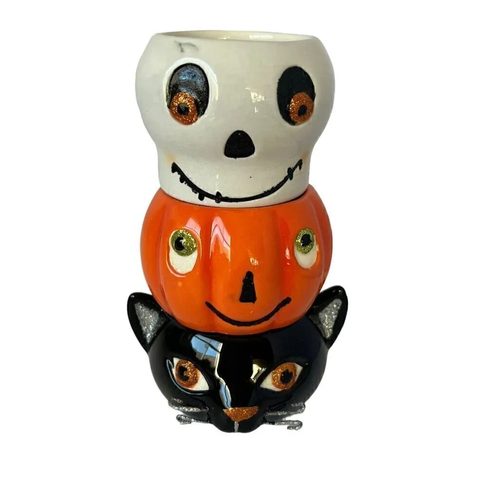 Hallmark Spooky Tea Light Candle Holder Set Cat Pumpkin Skull Figural Halloween
